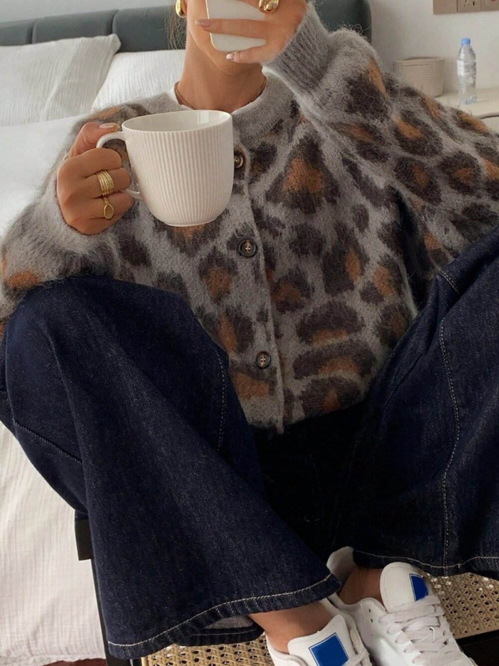 Brown Casual Women's Single-Breasted Leopard Print Cardigan Sweater